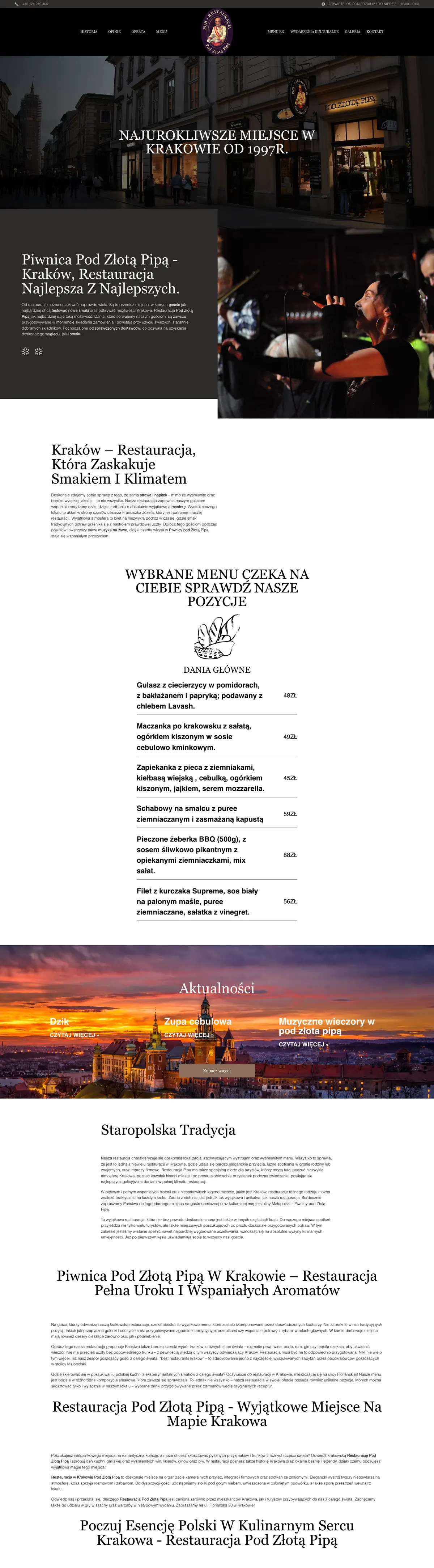 Strona Restauracja Pipa — widok na komputerze